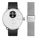 Withings ScanWatch mit Zusatzarmband im Bundle - Hybrid Smartwatch mit EKG, Herzfrequenzsensor und Oximeter, 38mm, Weiß, mit 18mm FKM-Armband Schwarz + zusätzliches 18mm Mailänder Armband Silb