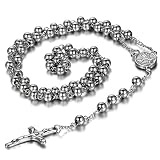 Cupimatch Halskette mit Rosenkranz-Anhänger im Vintage-Stil, silberfarben, Edelstahl, religiös, lange Halskette für Damen und H