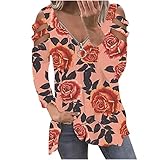 Vmiozizc Womens Tops V-Neck Zipper T-Shirts Floral Print Hollow Out Blouses for Women Fashion Loose Long-Sleeved Tunics-Medium,R