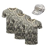 OttoBen Herren Damen Camo T Shirt & Baseballkappe 4 Teiliges Set, Atmungsaktiv Schnelltrocknend Kurzarm Rundhals Stretch Top, Outdoor Sports Laufen Trekking Angeln Jagd Shirts ACU 3XL