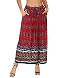 Parabler Rock Damen Maxirock Boho Sommerrock Plissee Retro Langer Faltenrock Strandrock Elastische Taille Tanzrock Maxi Tellerrock Rot M