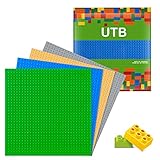4 Stück Platten, Doppelseitiges Bauplatte Set für Classic Bausteine mit Steinlöser Trenner Werkzeug Plastik Grundplatte 25 x 25 cm - Blau Grün Grau S