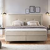 Möbelfreude Doluna Aurel Boxspringbett 180x200 cm Beige H2/H3 | 7-Zonen Tonnentaschenfederkern Matratze & Visko-Topper mit Klimaband | Kopfteil mit umlaufender Keder | Made in Germany