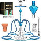DFESKAH Shisha Set, Groß Hookah Aluminium 88cm | Wasserpfeife Set Komplett 4 Schläuche 4 Anschlüsse Adapter | Molassefänger Glaskopf Tonkopf Kaminaufsatz Neon-Schlauch Mundstück Sieb Zange (Türkis)