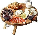 Holz Picknicktisch Klappbar, Klappbarer Picknicktisch für den Außenbereich,Tragbarer Picknicktisch im Freien Runden Mini Klapptisch Weintisch Campingtische Mit Glashalter für Outdoor, Camping (Holz)