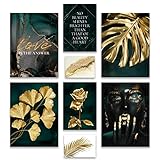 ARTFAVES® Poster Set - GOLDEN Leaves | Wanddeko Wohnzimmer & Schlafzimmer | 8 Moderne Wandbilder Geschenk | Bilder Gold, türkis, Pflanzen, Monstera | ohne B