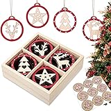 Christbaumschmuck Holz Set, Anhänger Weihnachten Holz, 24 Weihnachtsschmuck aus Holz, Weihnachtsbaumschmuck Holz, Holz Weihnachtsdeko Anhänger, Christbaum Hirschkopf Rentier Stern Weihnachtssnhäng