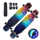 Longboard Skateboard 43'Pro Dance Board mit LED-PU-Rädern und Schutzausrüstung, Komplett 7-lagiges Ahorn-Skateboard für Kinder, Teenager, Jungen, Mädchen und Erwachsene, Sternenhimmelmuster,XVBVS