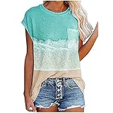 Tshirt Damen Farbverlauf Bluse Sommer Kurzarm Oberteile mit Tasche Frauen Longshirt Casual O-Ausschnitt Gradient Hemd Tops Lose Tunic Tuniken Teenager Madchen Elegant Lang Shirt Lose F