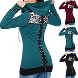 Jaysis Kapuzenpullover Damen Hoody Pullover mit Spitze Nähten Kordelzug Zip Slim Fit Hoodie Frauen Langarm Lässige Kapuzensweatshirt Mittlere Länge Hoodys Teenager Mode Punk Casual Sw