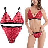 MRLION Sexy Wimpern Spitze BH Set Damen Bralette Push-Up Dessous BHS Slips Set Frauen Tiefe V Kreuz Zurück Transparent G-String,Rot,S