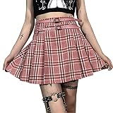 ZhaZhaMeng Damen Mädchen Kurz Hohe Taille Plissee Skater Tennis Schule Rock Plaid A-Linie Kurz Rock Sommer, Pink-a, 40