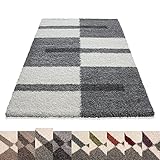 Teppich Hochflor Shaggy Langflor Wohnzimmer Karo Muster Florhöhe 3 cm - Grau-Weiss-Hellgrau, 60x110