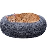 WEASHUME Katzen Und Hundebetten Führen Aus Plüsch Und Donuts, Leisem, Flauschigem, Weichem, Rundem Haustiernest, Anti-Angst Verbessertem Schlaf, Dunkelgrau, XS 50