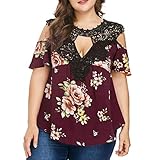 SUCES Bluse Damen, Lässig Langarm Pullover Frauen Mode Groß Größe T-Shirt V-Ausschnitt Schulterfrei Oberteile Charmant Tunika (XXXXL, Wein)