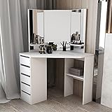 radelldar Schminktisch Weiß EckSchminktisch Holz Kosmetiktisch Frisiertisch mit 3 Spiegel 5 Schubladen Schminkkommode111 x 53 x 144 cm （Weiß）