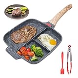 Multi Grillpfanne, Steakpfanne 3 in 1 Antihaft-Beschichtung Geteilte Bratpfanne mit Isoliertem Holzgriff Für Frühstück Steak, Spiegeleier, Speck, Kompatibel Für Alle Herdarten - 27