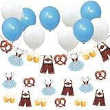 Oblique Unique® Oktoberfest Deko Set - Girlande mit Dirndl Lederhose Bier Brezel + 10x Luftballons in Blau Weiß + 12x XXL