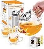 Teekanne mit Siebeinsatz, 1200ML Teeservice 4 doppelwandige Gläser, Borosilikatglas Teekanne, Glasteekanne, Teekanne Glas mit Siebeinsatz, Tee-Ei für lose Blätter Teekanne Set - Spülmaschinenfest …