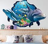 HALLOBO® XXL Wandtattoo Wandaufkleber 3D Fenster Delphin Unterwasserwelt Delfine Marine Meer Wandbild Wohnzimmer Schlafzimmer Kinderzimmer Deko B