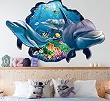 HALLOBO® XXL Wandtattoo Wandaufkleber 3D Fenster Delphin Unterwasserwelt Delfine Marine Meer Wandbild Wohnzimmer Schlafzimmer Kinderzimmer Deko B