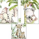 artpin® 3er Set Bilder Kinderzimmer Dschungel Deko Junge Mädchen - DIN A4 Poster Tiere ohne Bilderrahmen - Safari Afrika Wandbilder - Elefant Tiger Koala P54