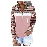 Damen Streifen Kordelzug Tasten Kapuzenpullover mit Kängurutasche Patchwork Geometrischer Druck Hoodie Langarmshirt Freizeit Training Sweatshirt Pulli Streetw