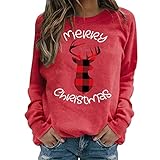 Reasoncool Damen Langarm Rundhals Weihnachtsmann-Druck Sweatshirt Warmer Plüschpullover Casual T-Shirt Oberteil Loose Gestrickter Pullover Laufshirt Basic Herbst Und Winter H