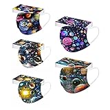 Josrony 50 Stück Kinder Mundschutz Einweg 3D Druck Mund und Nasenschutz Halstuch Masken Planet Print 3-lagig Einmal MNS Mund-Tuch Staubdicht Atmungsaktiv Tücher Bandana Schals für Jungen M