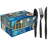 Ein Set Mit 150 Wiederverwendbaren Kunststoffbesteck Sets für Outdoor und Indoor Kunststoffbesteck,Je 50 Gabeln,Messer und Löffel,für Familienfeiern,Outdoor Dinner (schwarz)