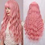 YEESHEDO Damen Perücke Lang Lockige Rosa Perücken für Frauen mit Pony, Natürlich Lange Locken Pink Wig, Anime Cosplay Halloween Wigs 28 Zoll (Rosa)
