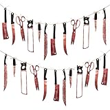 Fumanduo 2 Packung Halloween Dekoration Blutige Waffe Girlande Banner hängende Scary Props Horror Banner Requisiten für Spukhaus Garten Halloween Vampir Zombie Party Deko (2,2 m, 12 Messer aufhängen)