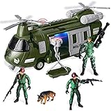 JOYIN Militärfahrzeuge Spielzeug-Set mit Reibungsantrieb, Transporthubschrauber mit Licht, Tonsirene und Soldatenarmee, Spielzeug fü