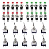 Coolty AC 125V 6A ON-ON 3 Pins 2 Position Mini Kippschalter (10 Stück) &250V 1A 2 Pins Mini-Druckschalter (20 Stück, Grün/Rot)