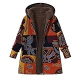 Darringls Fleecemantel Damen Herbstjacke Lang Mäntel Ethnischer Druck Kapuzenpullover Wolle Dickere Kapuzenjacke Langarm Parka Vintage Fleece Dufflecoats Angenehm F