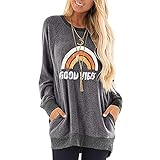 WXDSNH Damen T-Shirt Mit Regenbogen-Print Kontrastfarbene Tasche Sport Sweatshirt Rundhals Lang