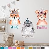 K014 Wandtattoo Name Kindernamen Baby Mädchen Junge Mix Pastell Personalisiert Waldtiere Fuchs Löwe Wunschname verschiedene Größen (Fuchs, Motiv 1)