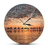 Wanduhr Kamels Zug auf Kabel Strand Wanduhr Australien Besen Sonnenuntergang Camel Ride Szene Kunst Home Decor Stille Uhrwerk W