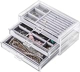 Acryl-Ohrring-Schmuck-Organizer mit 3 Schubladen, transparentes Acryl-Schmuckkästchen für Frauen, Samt, Ohrring-Vitrine, Ohrringe, Ring-Armband (grau, 24,4 x 14,4 cm)