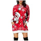 FAJEAL Weihnachten Langarm Pulloverkleid Kapuzenpullover Damen Oversize mit Kapuze Weihnachtskleid Mini Pulloverkleid Rentier Elch Druck Pulli Kleid Lang