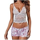 Damen Wireless BH Leibchen Satin Shorts Pyjamas Set NachtwäSche Sexy Dessous Set Sexy Lingerie HöHe Taille ReizwäSche NachtwäSche UnterwäScshe Lace Spitze Erotik UnterwäSche Und Slip ReizwäSche S