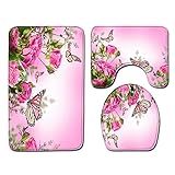 Badteppich Rosa Blumenschmetterling Badvorleger Set 3 teilig Badematte rutschfest Saugfähig Badezimmerteppich Waschbar Fussmatte Teppich, für Badezimmer, Wohnzimmer, Schlafzimmer 45x75