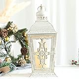 JHY DESIGN Dekorative Laternen - 34 cm hoher Metallkerzenhalter oder hängende Laterne im Vintage-Stil für den Außenbereich, Veranstaltungen, Paritäten und Hochzeiten (Weiß mit Goldpinsel)