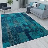 Patchwork Kurzflor Teppich Wohnzimmer Moderne Vintage Optik Floral Blau Türkis, Grösse:160x230