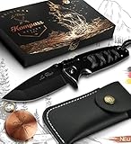 Le Flair® Outdoor Messer Set mit Gürteltasche – Taschenmesser Einhandmesser schwarz mit Edelstahl Titanklinge - Survivalmesser - Bushcraft Messer inkl. Kompass und Geschenkbox – Klapp