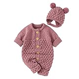 U-Sinmule Baby Jungen Mädchen Strick Strampler Säugling Warme Pullover Outfit Set Netter Overall + Hut Bär Schneeanzug Body Onesies, Rosa, 0-3 M