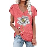 yiouyisheng Damen Casual T-Shirt Blumen Druck Bluse Frauen V-Ausschnitt Blütenblatt Kurzarm Top Sommer Oberteile Damen Basic T-Shirt Sport Freizeit V-Neck T-Shirts Top