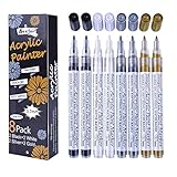 Schwarz Weiß Gold Silber Acrylstifte, 0,7mm Permanent Marker Stifte Wasserfest Acrylfarben Stifte Steine Bemalen Stifte für Steine Keramik Holz Metall Papier Glas Stoffe Kunststoff Leder DIY 8 Pack