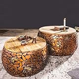 cagü: 2er Set Couchtische [RAVENNA] Kupfer aus Mangoholz mit Metallplättchen im Mosaik-Design handgefertigt 65cm/53cm D