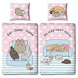Pusheen Bettwäsche Eat-Sleep-Game Rosa / Blau 135 x 200 + 80 x 80 cm 100% Baumwolle Renforcé-Linon-Qualität Pip Stormy Sloth Cheek Sweet Cat Katze Wendebettwäsche 2 Vollmotive mit Reiß